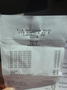 A receipt shows the purchase of the equivalent of 500 cups of coffee at a Tim Hortons in London, Ont. on Friday, July 26, 2013. (Talia Ricci / CTV London)