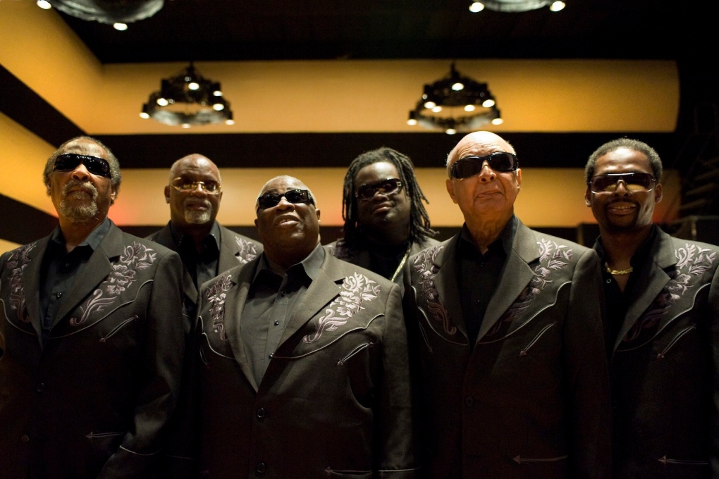 In this July 22, 2010 publicity photo released by Saguaro Road Records, the Blind Boys of Alabama, from left, Ben Moore, Ricky McKinnie, Billy Bowers, Tracy Pierce, Jimmy Carter and Joey Williams are shown at Javelina Studio in Nashville, Tenn.
