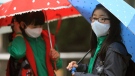 South Korean students holding umbrellas wait their friends to go to homes amid fears that the rain may contain radioactive materials from the crippled nuclear reactors in Japan at Midong elementary school in Seoul, South Korea, Thursday, April 7, 2011. (AP / Ahn Young-joon)