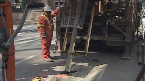 Drilling on the proposed route for the downtown tunnel begins at the corner of Queen and O'Connor Streets, Monday, May 9, 2011. 