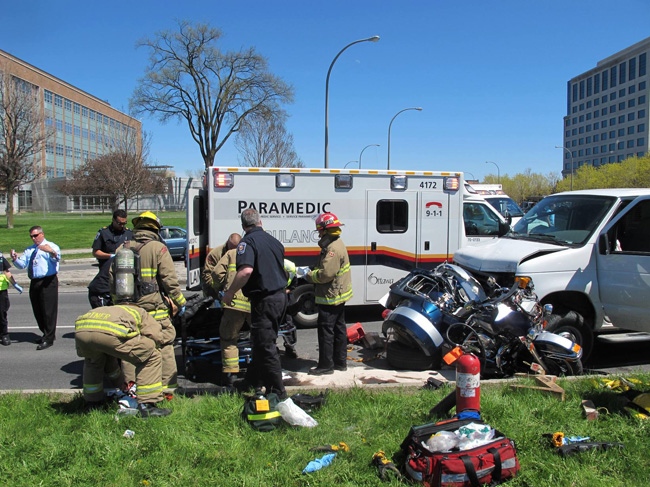 A 66-year-old man was seriously injured in a motorcycle crash at the intersection of Heron Road and Riverside Drive, Tuesday, May 10, 2011. Courtesy: Ottawa Fire Services