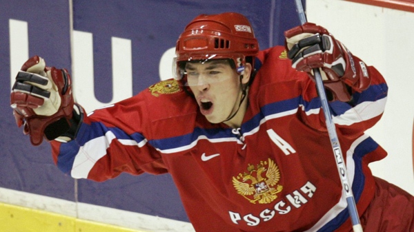 Team Russia's Alexei Yemelin celebrates his third period goal against Team USA during semi-final action at the World Junior Hockey Championships in Vancouver, B.C. Tuesday Jan. 3, 2006. (CP PHOTO/Chuck Stoody)