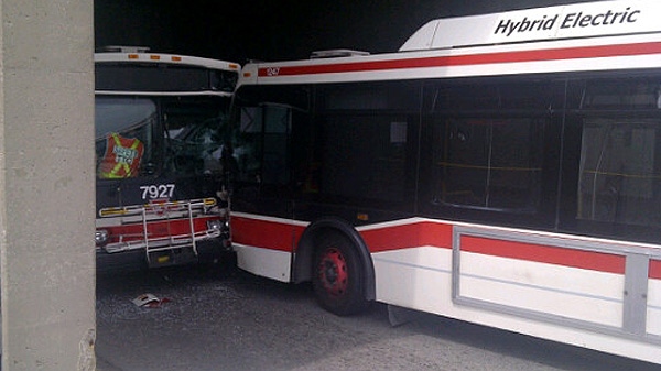 Several people were hurt after two TTC buses collided head-on at Wilson station Friday morning. (From Twitter user @TheDanLevy)