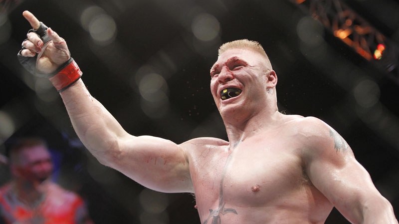 Brock Lesnar celebrates a victory during UFC heavyweight mixed martial arts title on July 3, 2010, in Las Vegas. (THE CANADIAN PRESS/AP, Eric Jamison)