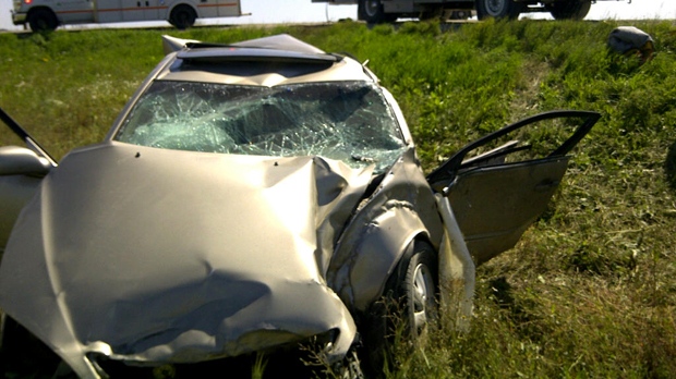 A car was involved in a collision with a semi-truck near Kronau on Tuesday morning (RCMP handout)