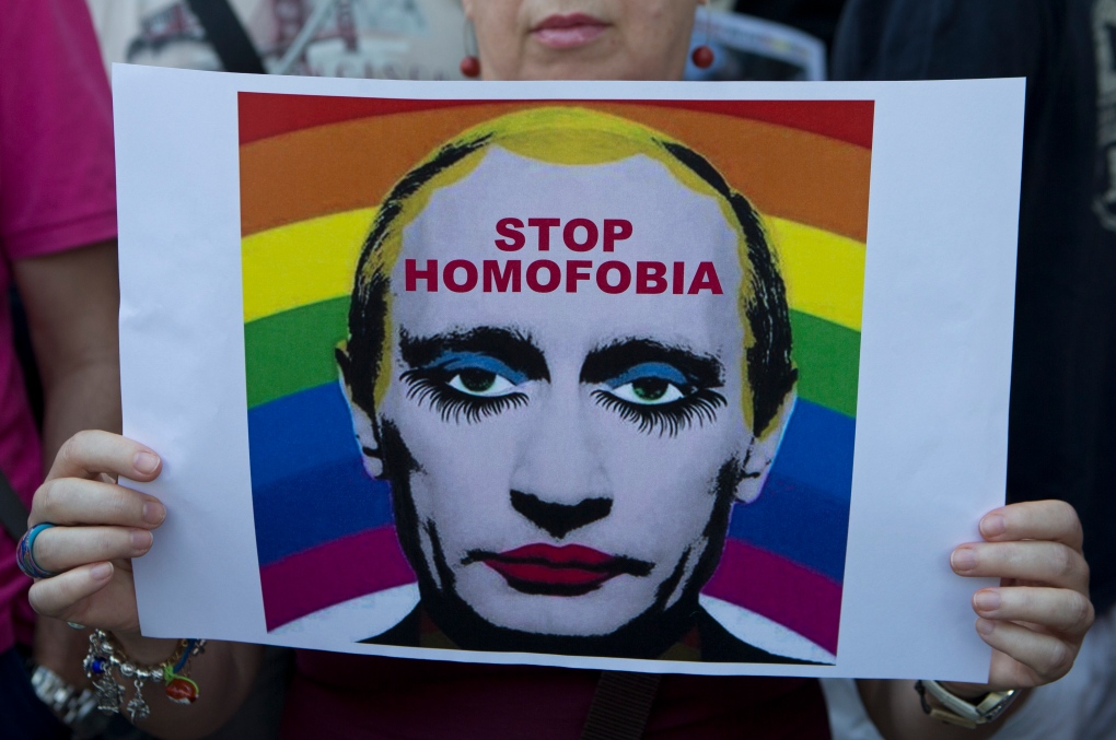 Russia, gay law, protest sign, Madrid, Spain 