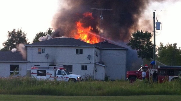 A multi-family housing complex on Brokenhead Ojibway Nation caught fire Friday evening. Photo courtesy Jeff Harder.