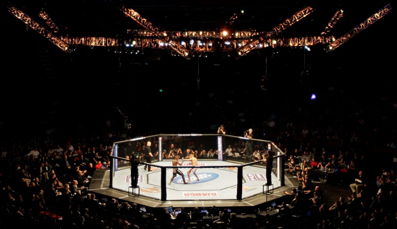 In this Dec. 8, 2012, file photo, competitors battle during a UFC on Fox mixed martial arts event at the Key Arena in Seattle. (AP Photo/Jeff Chiu, File)