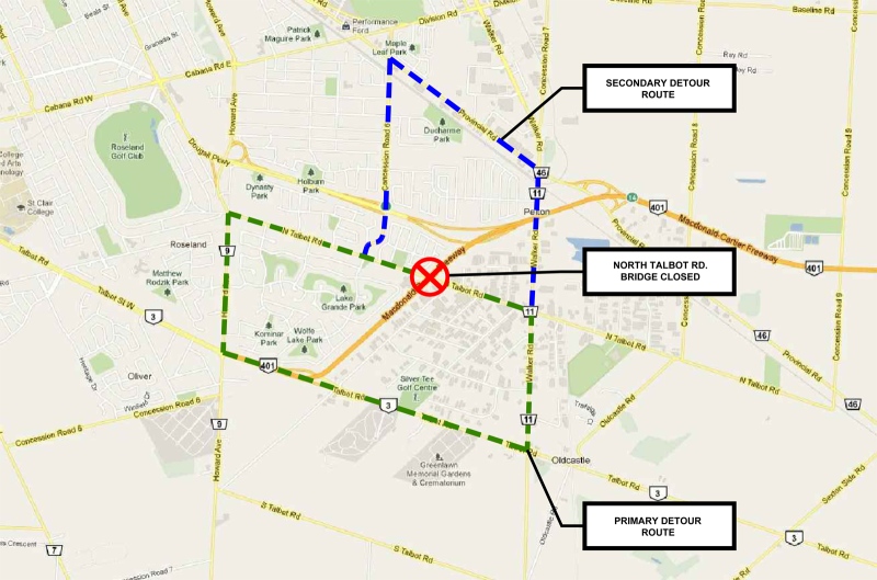 A detour map of because of the North Talbot Road closure. (Windsor Essex Mobility Group)  