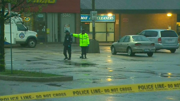 Police say a man in his 20s was shot in the chest while in the parking lot of a convenience store near Victoria Park and Finch Avenues on Thursday, May 26, 2011.