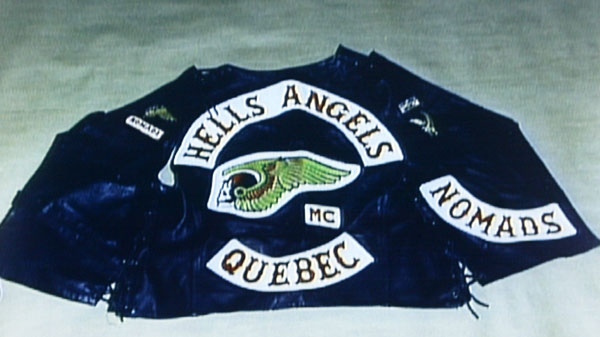 A photograph of Maurice Mom Boucher's vest was submitted as evidence, Wednesday March 27, 2002, in the trial of the Quebec biker. Boucher, leader of the Hells Angels in Quebec, faces two counts of first-degree murder and one count of attempted murder for allegedly ordering the deaths of two prison guards in 1997. (CP PHOTO)