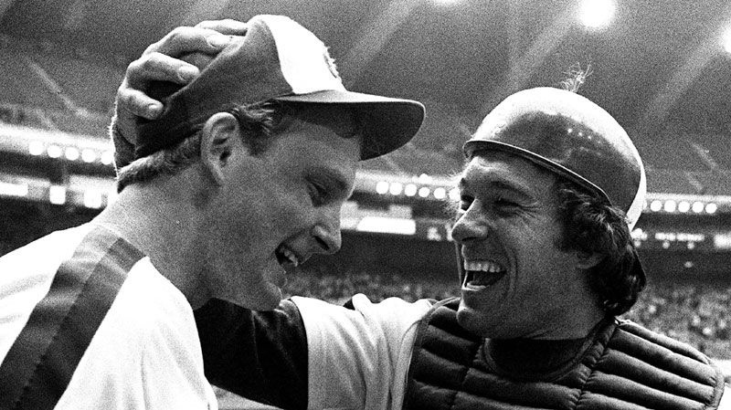 Montreal Expos pitcher Charlie Lea (left) is congratulated by catcher Gary Carter after Lea fired a no-hitter, the third in team history, against the San Francisco Giants in Montreal, May 10, 1981. (CP PHOTO/Ron Poling)