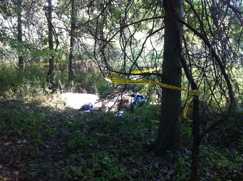 The makeshift campsite where police say the man stayed, tucked about 100-feet from the path in Windsor, Ont, on Sept. 12, 2013. (Adam Ward / CTV Windsor)