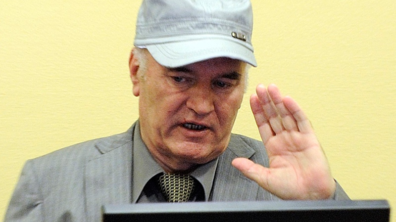 Former Bosnian Serb General Ratko Mladic salutes in the court room during his initial appearance at the UN's Yugoslav war crimes tribunal in The Hague, Netherlands, Friday, June 3, 2011. (AP / Martin Meissner)