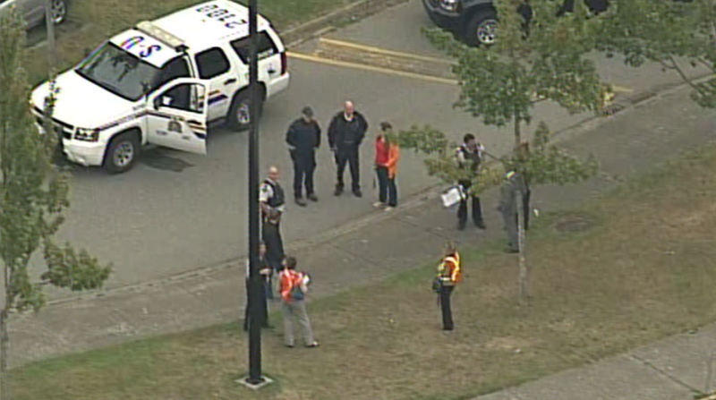 Mounties respond to a bomb threat at Semiahmoo Secondary School in Surrey. Sept. 17, 2013. (CTV/Chopper 9)