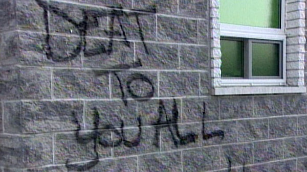 Hate graffiti is seen in Waterloo, Ont. in March 2010.