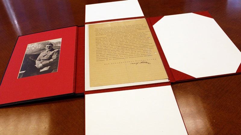 A letter written by Adolf Hitler is photographed, Tuesday, June 7, 2011 in New York. (AP / Mary Altaffer)