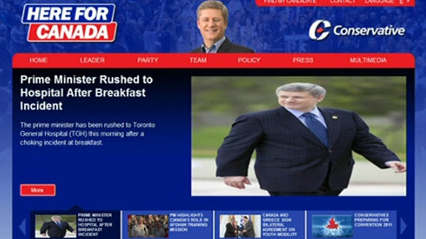 A news headline on the Conservatives' website claiming Prime Minister Stephen Harper was rushed to hospital is believed to be the work of hackers, Tuesday, June 7, 2011.