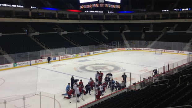 The Winnipeg Jets practice on Sept. 20, 2013. The team announced it is sending multiple prospects to their American Hockey League affiliate.
