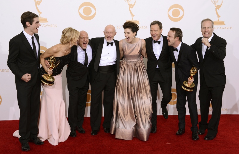 Cast members from 'Breaking Bad.' from left, RJ Mitte, Anna Gunn, Dean Norris, Jonathan Banks, Betsy Brandt, Bryan Cranston, Aaron Paul, and Bob Odenkirk, winners of the best drama series award, pose backstage at the 65th Primetime Emmy Awards at Nokia Theatre on Sunday Sept. 22, 2013, in Los Angeles. (Dan Steinberg / Invision)