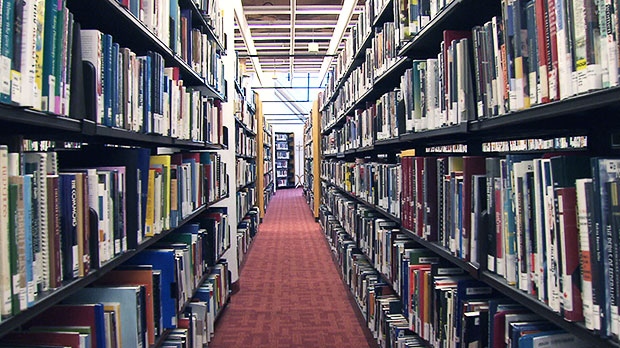 Books shelved in a library