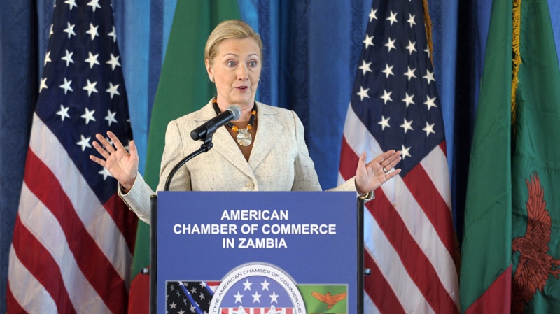 U.S. Secretary of State Hillary Rodham Clinton, addresses the American Chamber of Commerce in Zambia, in Lusaka, Zambia, Saturday, June 11, 2011. (AP Photo/Susan Walsh, Pool)