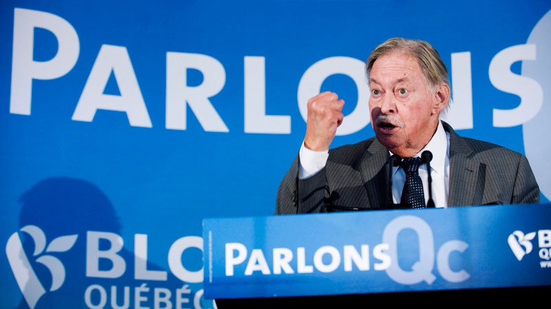 Former Quebec premier Jacques Parizeau speaks during a Bloc Quebecois campaign stop in Longueuil, Que., Monday, April 25, 2011. THE CANADIAN PRESS / Graham Hughes