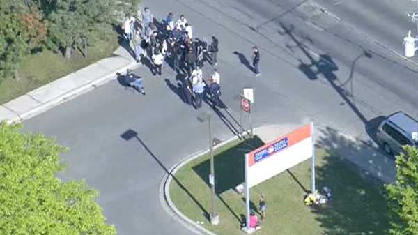 The CTV News helicopter captures Canada Post workers picketing outside a facility in Toronto on Tuesday, June 14, 2011.