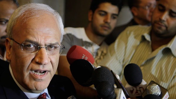Chief Palestinian negotiator Saeb Erekat talks following his meeting with Egyptian Foreign Minister Nabil El-Araby, at the Egyptian Foreign Ministry in Cairo, Egypt, Wednesday, June 16, 2011. (AP / Amr Nabil)