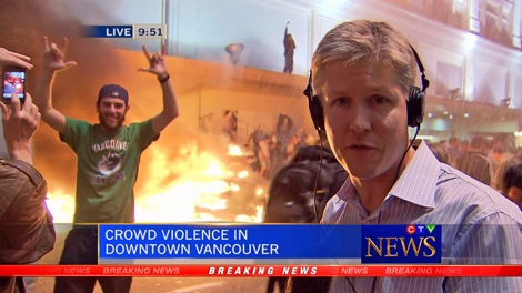 CTV senior reporter Rob Brown took viewers live to the front lines of the Stanley Cup riot in Downtown Vancouver. Thursday, June 16, 2011. (CTV)