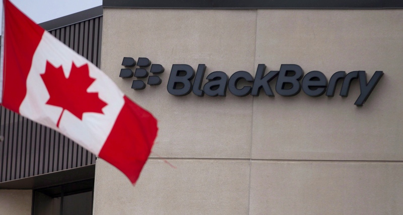 A Canadian flag flies at BlackBerry's headquarters in Waterloo, Ont., Tuesday, July 9, 2013. (Geoff Robins / THE CANADIAN PRESS)