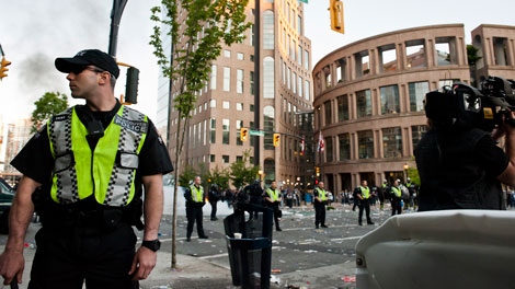 Police patrol near the main library in Vancouver during the Stanley Cup riot. June 15, 2011. (Janessa Kucey/special to ctvbc.ca)