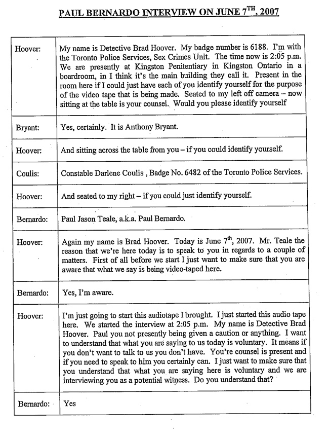 Image taken from the first page of the transcript between Paul Bernardo and members of the Toronto police Sex Crime Unit.