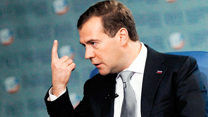 Russian President Dmitry Medvedev speaks during an interview with British newspaper the Financial Times, during the International Economic Forum in St. Petersburg, Russia, Saturday, June 18, 2011. (AP / RIA-Novosti, Dmitry Astakhov, Presidential Press Service)