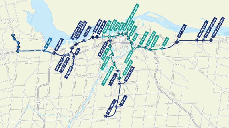 A map detailing the 35 kilometres of new track and 19 new stations in "Stage 2" of Ottawa's light rail plan.