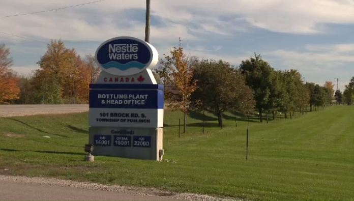 A sign marks the entrance to the Nestle Waters bottling plant in Aberfoyle, Ont.