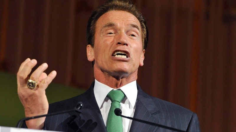 Arnold Schwarzenegger speaks during the Energy Forum 2011 in Vienna, Austria, Tuesday, June 21, 2011. Schwarzenegger talked about California's results using more renewable energy and about new jobs created by the green energy industry. (AP / Bela Szandelszky)