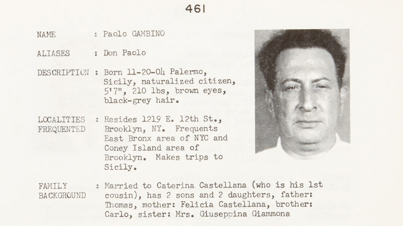 This undated photo provided by Bonhams auction house shows a page featuring Paolo Gambino, from a thick government file discovered during the early 1990s on the backseat of a New York City taxi containing the mug shots, criminal history and associates and favorite hangouts of 843 Mafia members during the 1950s and early 1960s.