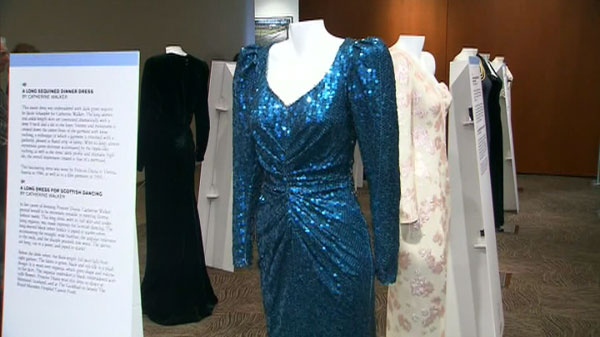 This image taken from video shows a collection of dresses of the late Diana, Princess of Wales, before they go on auction.