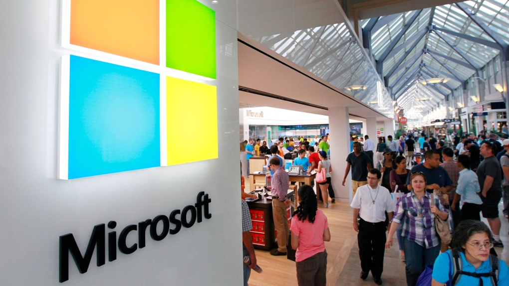 Microsoft logo inside a Microsoft store