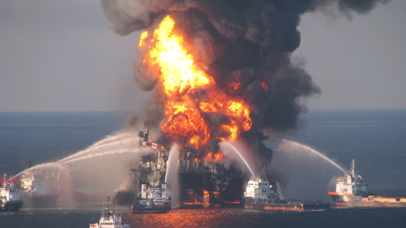 Fire boat response crews battle the blazing remnants of the off shore oil rig Deepwater Horizon on Wednesday, April 21, 2010. (US Coast Guard)