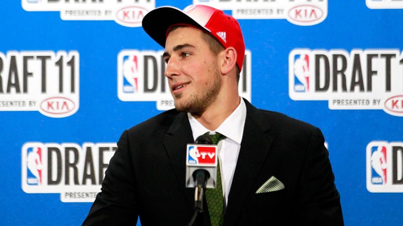 Lithuania's Jonas Valanciunas talks to reporters after being taken by the Toronto Raptors with the No. 5 pick during the NBA basketball draft in Newark, N.J., Thursday, June 23, 2011. (AP / Julio Cortez)