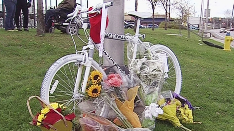 A white ghost bike was placed at the scene of a deadly crash that killed 38-year-old cyclist Mario Theoret at the intersection of West Hunt Club and Merivale roads October 2013.