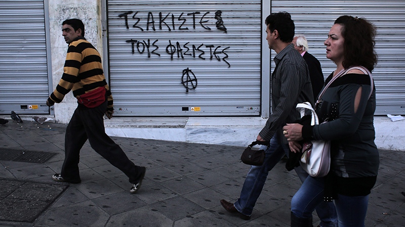 Graffiti reads 'crush the fascists' in Athens