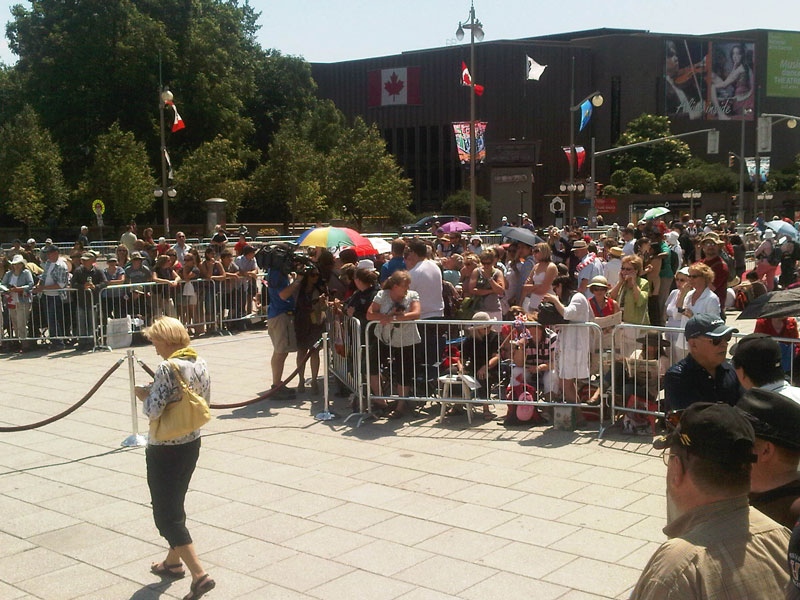 Hundreds have gathered at the National War Memorial in downtown Ottawa to see the Duke and Duchess of Cambridge, Thursday, June 30, 2011. 