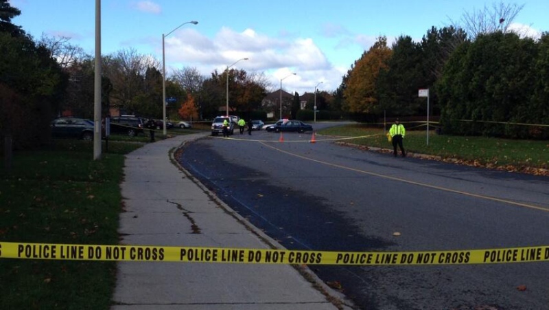 Police investigate after a man in his 60s was struck and killed on Centrepointe Drive, Monday, Oct. 28, 2013.