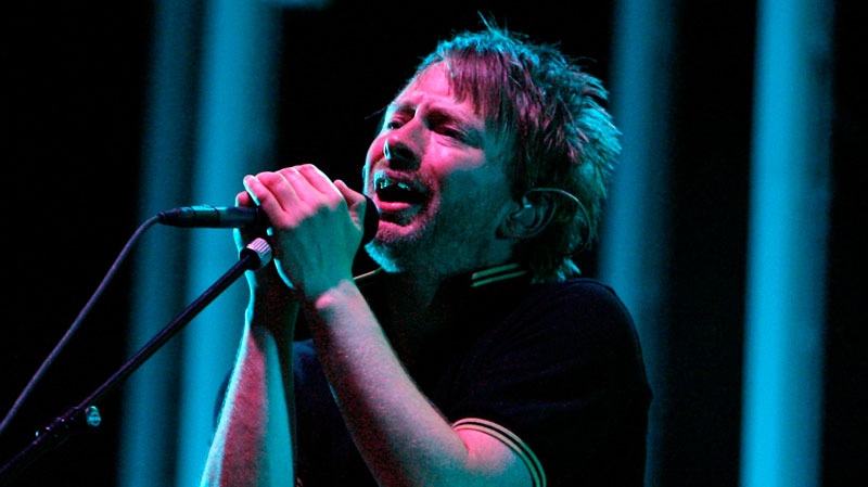 In this Aug. 9, 2008 file photo, Thom Yorke of Radiohead perform during the All Points West music festival at Liberty State Park in Jersey City, N.J. (AP Photo/Jason DeCrow)