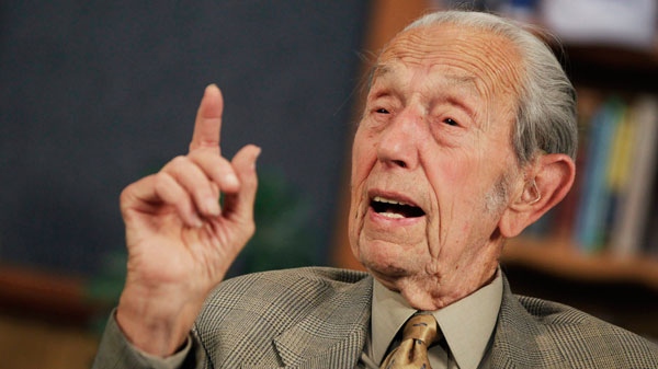 In this May 23, 2011 photo, Harold Camping speaks during a taping of his show Open Forum in Oakland, Calif. (AP / Marcio Jose Sanchez)