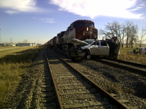 Two men were injured after a pickup truck and a train collided Thursday near Midale. (RCMP handout)