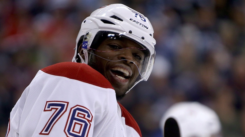 Montreal Canadiens' P.K. Subban (76) laughs as he 